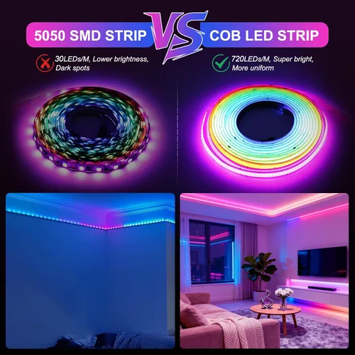 Vista 2 de Tira de luces LED COB de 32.8 pies (32.8 ft), 720 LEDs/m, luces RGB inteligentes compatibles con Alexa/Google Assistant y Tuya/Smart Life App