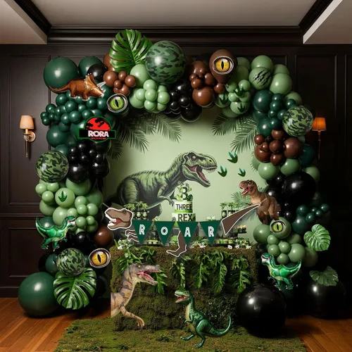 Vista 7 de Decoraciones de Fiesta de Cumpleaños de Dinosaurio kit de arco de globos verde cazador negro marrón con mini globos de papel de aluminio de dino