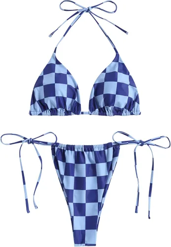 Vista 39 de ZAFUL Bikinis triangulares estampados para mujer, 2 piezas, bikini halter, traje de baño de corte alto, traje de baño con lazo lateral 0-negro a
