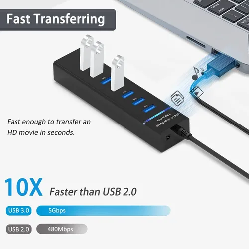 Vista 3 de Concentrador USB 3.0, vienon 7 puertos USB Data Hub Splitter para laptop, PC, MacBook, Mac Pro, Mac mini, iMac, Surface Pro y más dispositivos USB