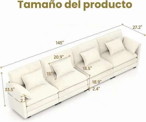 Vista 2 de Real Relax 145'' Sofá seccional modular, sofá convertible de 4 plazas con chenilla, 8 almohadas y 2 reposabrazos para sala de estar, oficina