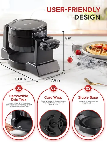Vista 5 de Máquina para hacer gofres, plancha para gofres belga doble de 1400 W, giro de 180°, 8 rebanadas en 3 minutos, platos giratorios y antiadherentes