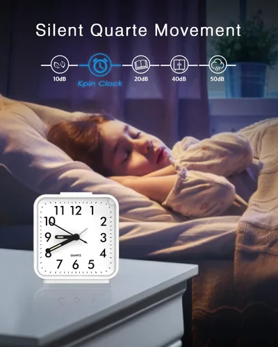 Vista 4 de AMIR Reloj Analógico Silencioso Sin Tic Tac Pequeño, Para Viajar con Función de Repetición y Luz, Sonidos de Tono Ascendente, Reloj de Alarma Fuerte