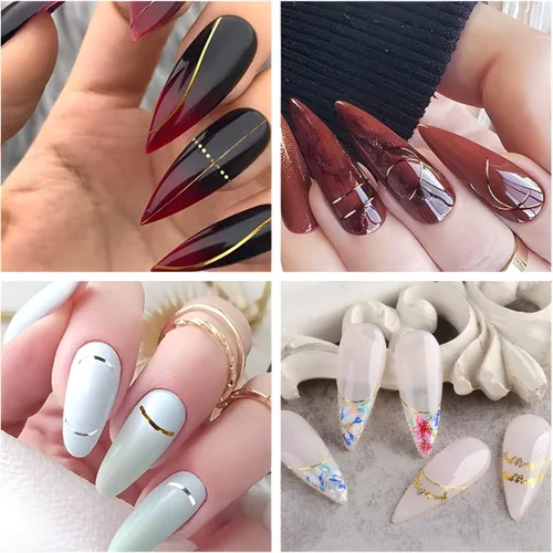 Vista 4 de 8 hojas de calcomanías de uñas de línea dorada, calcomanías autoadhesivas 3D, calcomanías de arte de uñas francesas para uñas acrílicas, suministros