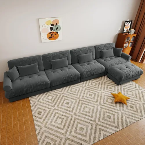 Vista 86 de Sofá modular de gran tamaño de 94 pulgadas, sofás seccionales grandes de color beige y blanco para sala de estar, juego de sofá de terciopelo, sofás
