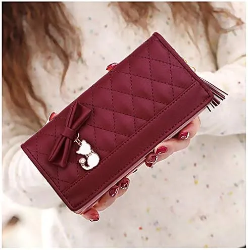 Vista 2 de UTO Cartera de piel sintética para mujer, de gran capacidad, colgante de gato, soporte para teléfono, organizador de chequera, con cremallera