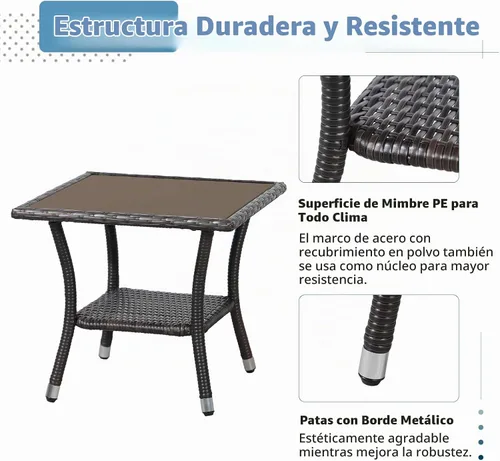 Vista 6 de Super Patio Mesa auxiliar de mimbre para patio al aire libre, mesa de centro de mimbre cuadrada con parte superior de vidrio, marco de aluminio