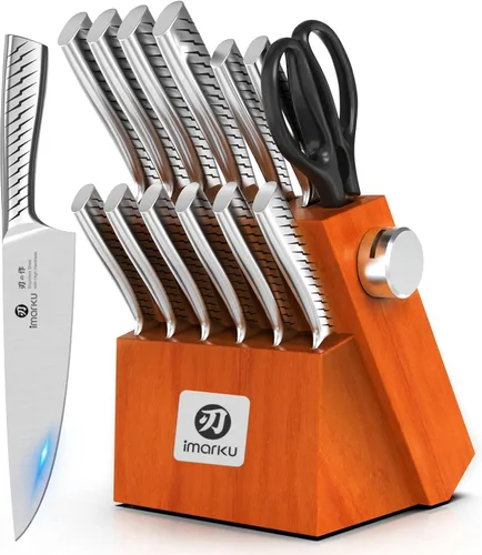 Vista 7 de imarku Juego de 14 cuchillos con bloque, juego de cuchillos de cocina de acero inoxidable japonés con afilador integrado, asas ergonómicas