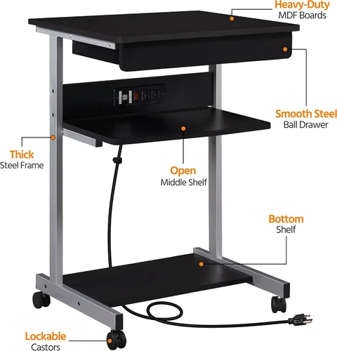 Vista 3 de Yaheetech - Escritorio pequeño para computadora con toma de corriente, carrito para laptop, color negro A Small Rolling Desk with a Power Outlet