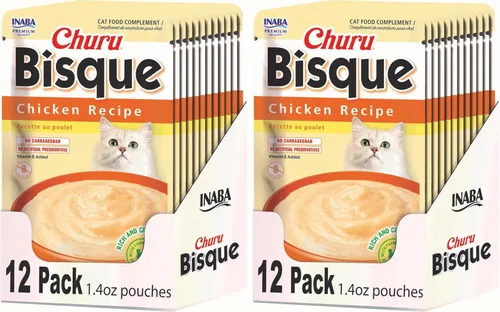 Vista 14 de INABA Churu Bisque para gatos mayores de 10 años, Puré cremoso en sobre, 1.4 onzas por sobre, 12 sobres en total, Receta de atún con salmón