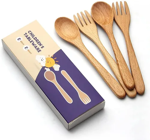 Vista 5 de YFWOOD 4 piezas de cubiertos seguros de madera natural para niños, 2 tenedores para niños, 2 cucharas para niños, juego de utensilios para niños