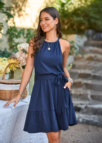 Vista 2 de Newshows - Vestido de verano 2024 para mujer, cuello halter, estilo casual, para playa, vacaciones, trajes hawaianos vestido de verano con volantes