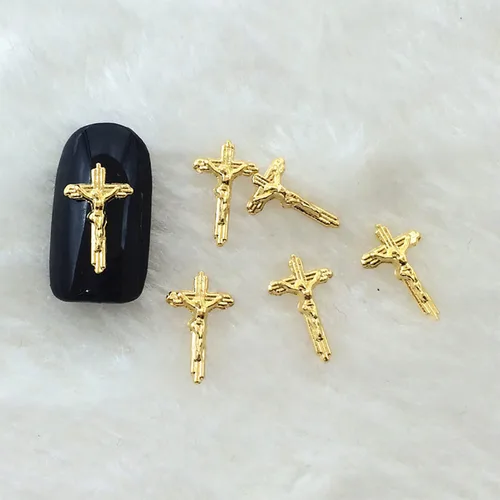 Vista 2 de WOKOTO 100 dijes de uñas de crucifijo dorado 3D para arte de uñas 3D, dijes de uñas de metal dorado para decoración de uñas, accesorios de bricolaje