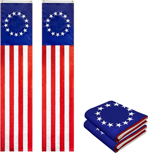 Vista 11 de G128 Paquete de 10: Banderines patrióticos estadounidenses y bandera desplegable de Betsy Ross, 13 estrellas bordadas en patrón circular con 5 rayas