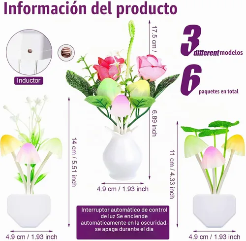 Vista 2 de Mudder Juego de 6 lámparas nocturnas de hongos LED, lámpara de pared con enchufe, 7 colores cambiantes, lámpara mágica bonita en forma de hongo