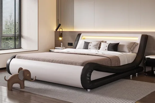 Vista 10 de SHA CERLIN - Marco de cama de tamaño matrimonial con cabecera LED tapizada moderna, color negro Low Profile Sleigh Design, Adjustable Headboard