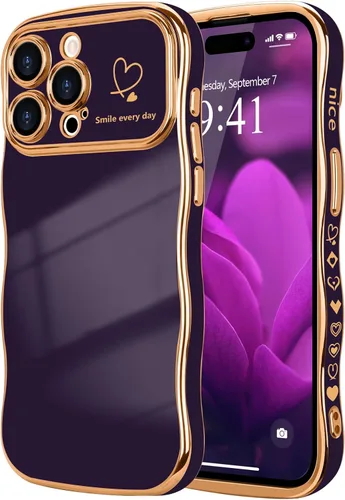 Vista 71 de LCHULLE - Funda para iPhone Air, linda para mujeres y niñas, con forma de onda, color azul bebé Luxury Plating Curly Wavy Frame with Love Heart