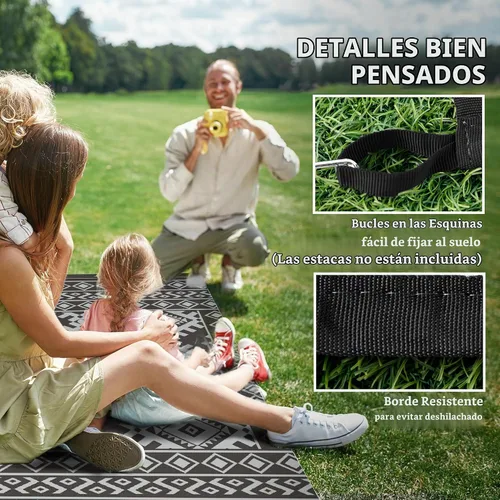 Vista 8 de Outsunny Alfombra de exterior para patio impermeable 9' x 18' rombo negro y Borde rombo negro y gris