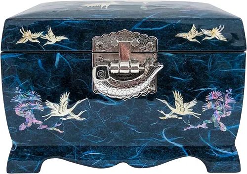 Vista 2 de Fun-Store Caja de madera con incrustaciones de nácar con incrustaciones de nácar, caja de madera, diseño de árbol de grúa, espejo, recuerdo, tesoro