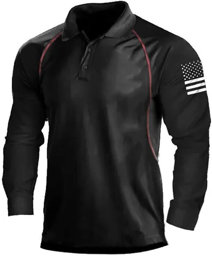 Vista 4 de Camisa polo de manga larga con bandera estadounidense para hombre, cuello gráfico patriótico, camiseta de golf, moderna, casual, cuello en V, tops