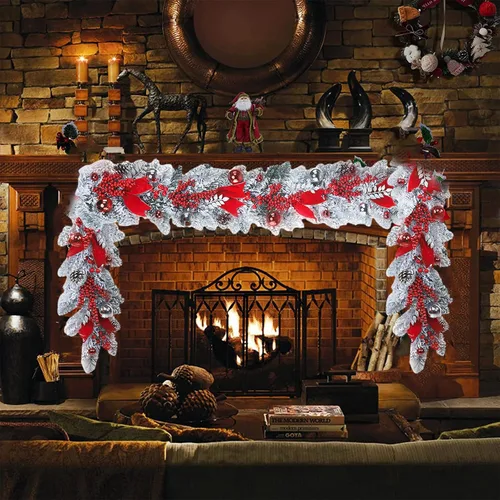 Vista 5 de Guirnalda de Navidad artificial de 3.93 pies, corona de Navidad con cinta roja, ramo de bayas, bolas de Navidad y piñas, guirnalda de Navidad