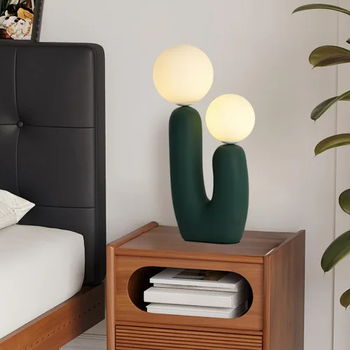 Vista 10 de Lámpara de mesa moderna naranja en forma de cactus con 2 luces, lámpara de seta, esfera de leche blanca de vidrio, lámparas de mesa bonitas