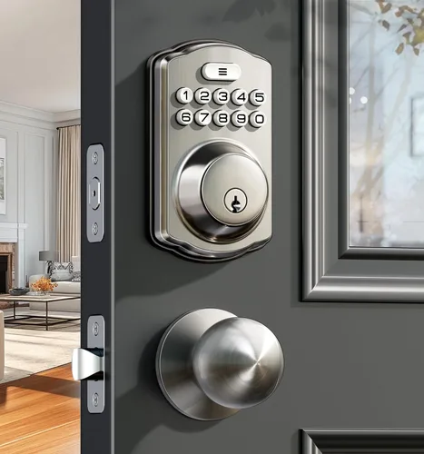 Vista 11 de Veise Cerradura de puerta de entrada sin llave con 2 perillas, cerrojo electrónico retroiluminado con asa, bloqueo automático, códigos únicos, Negro