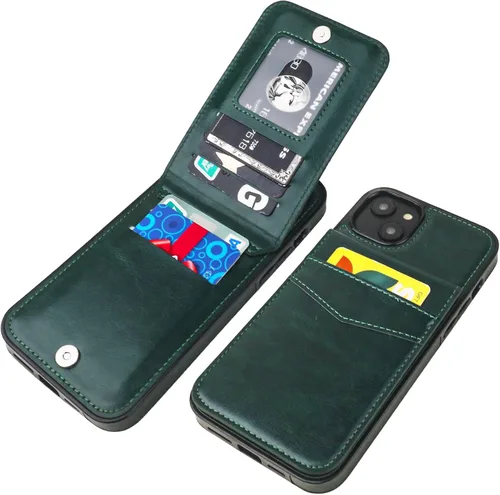 Vista 15 de KIHUWEY - Funda tipo cartera para iPhone 14 Plus, tarjetero con soporte, color negro Ranuras para tarjetas de crédito, piel sintética, cierre