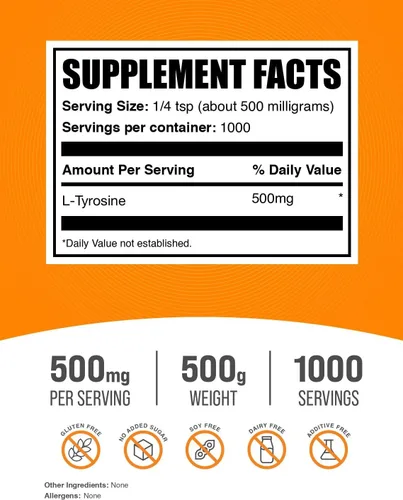 Vista 2 de BulkSupplements.com L-Tirosina en polvo - Nutrición deportiva, suplemento de aminoácidos - Sin sabor y sin gluten, 500mg por porción, 500g