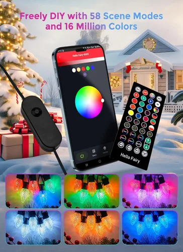 Vista 8 de Brightown Luces LED de Navidad C9 para exteriores, 100 LED RGB inteligentes para árbol de Navidad, sincronización de música, control por aplicación