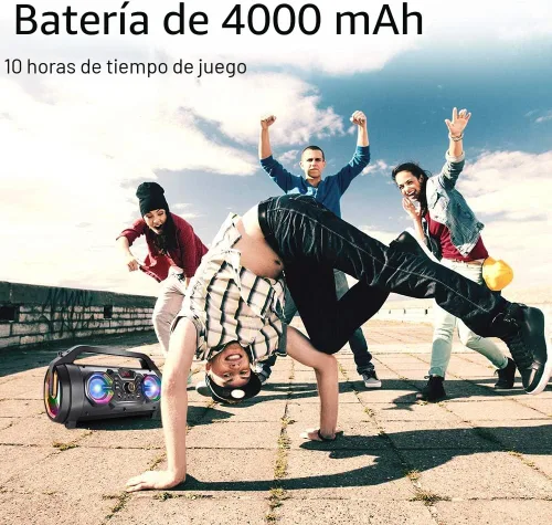 Vista 3 de Altavoz Bluetooth, Boombox Bluetooth portátil de 30 W con subwoofer, radio FM, luces coloridas RGB, ecualizador, sonido estéreo, graves potentes