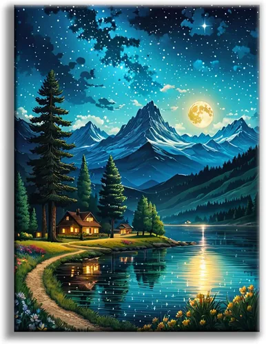 Vista 13 de Kits de pintura de diamantes de cielo estrellado Offito para adultos, kits de pintura de diamantes 5D Aurora Lake para principiantes, fantásticos