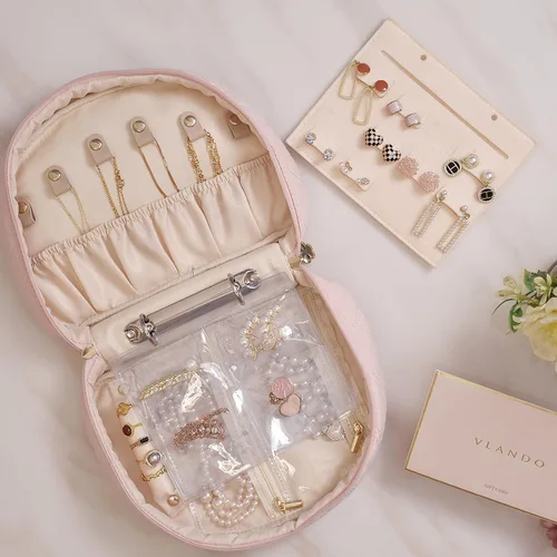Vista 7 de Vlando Estuche organizador de viaje para joyas, carpeta de anillos con bolsas de joyería, folleto transparente con cremallera para collares, aretes