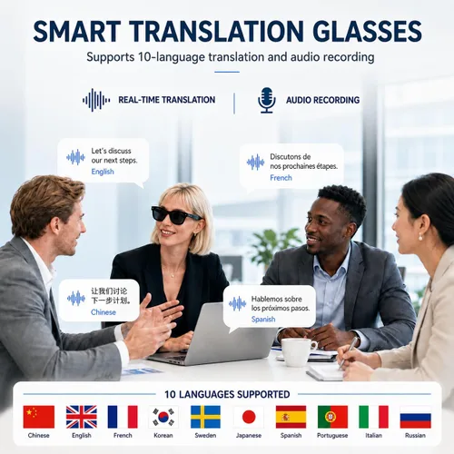 Vista 4 de Gafas Inteligentes con Cámara, Gafas AI, Gafas Bluetooth, Lentes Reemplazables, Batería de 48H para Viajes, Conferencias y Vlogging. Traducción