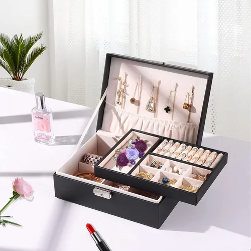 Vista 6 de YEEKEN Joyero organizador para mujeres y niñas, 2 capas grandes con cerradura, regalo ideal de piel sintética con bandeja extraíble para collares