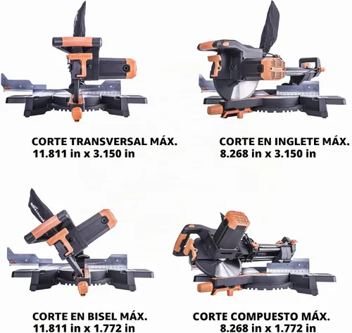 Vista 4 de Sierra de inglete deslizante Evolution Power Tools R255SMS+ PLUS de 10 pulgadas multimaterial multipropósito para cortar metal, plástico, madera