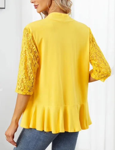 Vista 6 de KOJOOIN Blusas para mujer, ligeras, manga 34, casual, con encaje, parte delantera abierta, con volantes drapeados