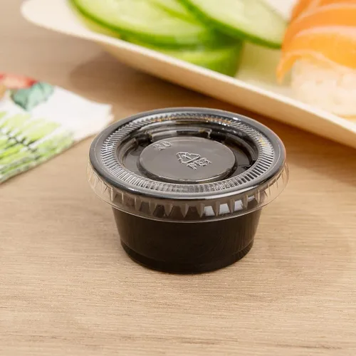 Vista 4 de Restaurantware RW Base - Tazas de salsa de 0.8 onzas, 2000 tazas de condimento aptas para microondas, resistentes a las grietas, desechables de Negro