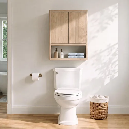 Vista 6 de VANIRROR Gabinete de pared de baño con puertas de pestillo, almacenamiento Roble natural-31