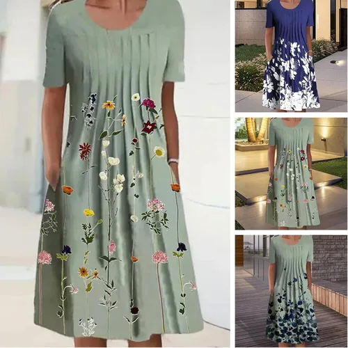 Vista 3 de Deuyo - Vestidos para mujeres maduras, vestidos para mujeres 2023, vestido plisado por debajo de la rodilla con cuello redondo (M, G)