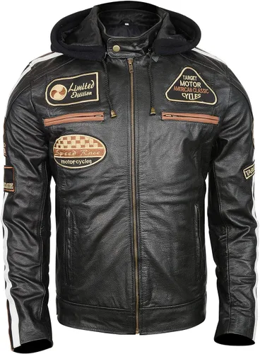Vista 6 de LP-FACON Chaqueta de cuero para motocicleta con insignias vintage para hombre, chaqueta acolchada con armadura de rayas retro Chaqueta de cuero