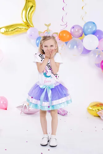 Vista 3 de Vestido de tutú de lavanda para niñas con camiseta de cumpleaños de sirena y diadema, 3-8 años