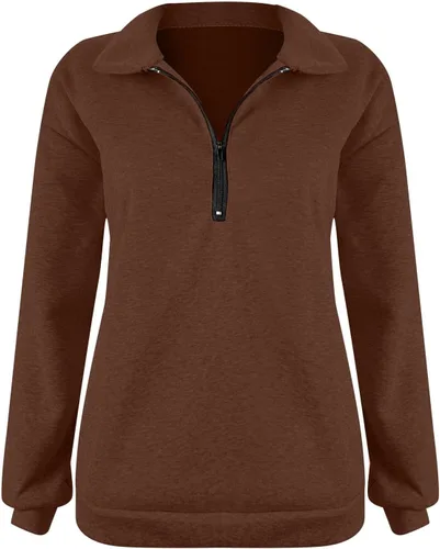Vista 4 de Sudadera casual de manga larga para mujer, de gran tamaño, con cremallera de 14, cuello abatible, sin capucha, de moda, para otoño, Café