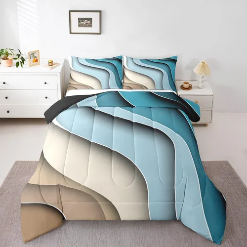 Vista 18 de Erosebridal Juego de ropa de cama abstracta con diseño de olas marinas tamaño Queen, juego de edredón y juegos de ropa de cama con temática de playa