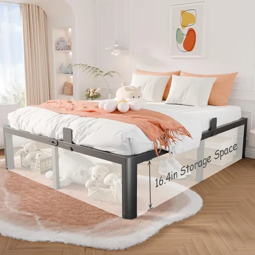 Vista 5 de Firpeesy - Base de cama de 18 pulgadas tamaño matrimonial con esquinas redondeadas y agujeros para cabecera, sujetadores de colchón, soporte