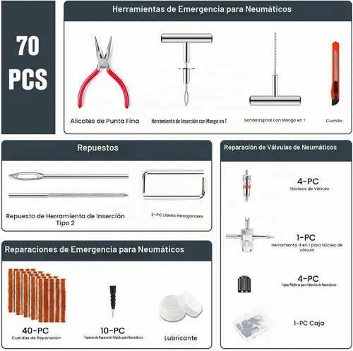 Vista 9 de ORCISH Kit de reparación de neumáticos, juego de 70 piezas, kit profesional de enchufes de neumáticos resistente, kit de parches de neumáticos