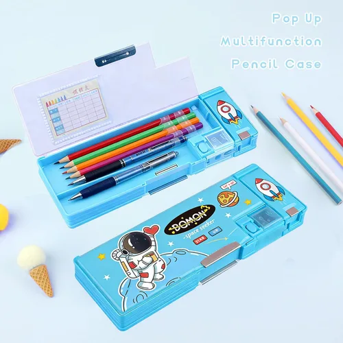 Vista 6 de Paquete de 2: estuche multifunción desplegable para niñas y niños, lindo organizador de dibujos animados con sacapuntas, horario, el mejor regalo