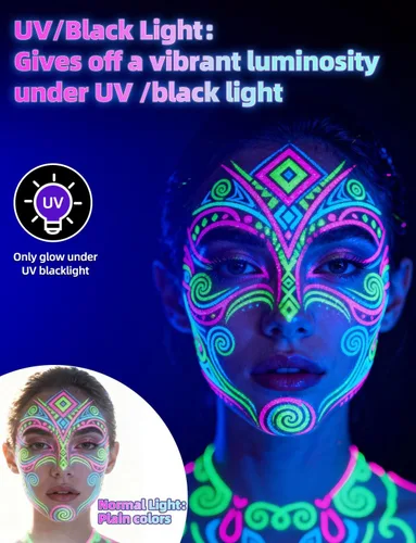 Vista 3 de 6 botellas, 28.3 g Pintura UV para el cuerpo brillante con luz negra fluorescente, segura para la piel, lavable, no tóxica, kit de seis