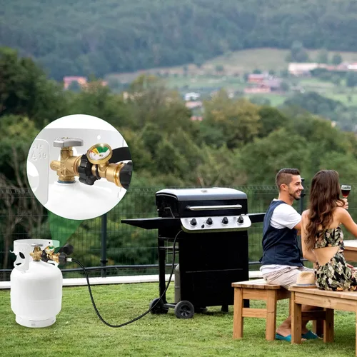 Vista 7 de Adaptador de tanque de propano de 100 libras con medidor, medidor de tanque de propano POL de ajuste universal convierte la válvula de servicio