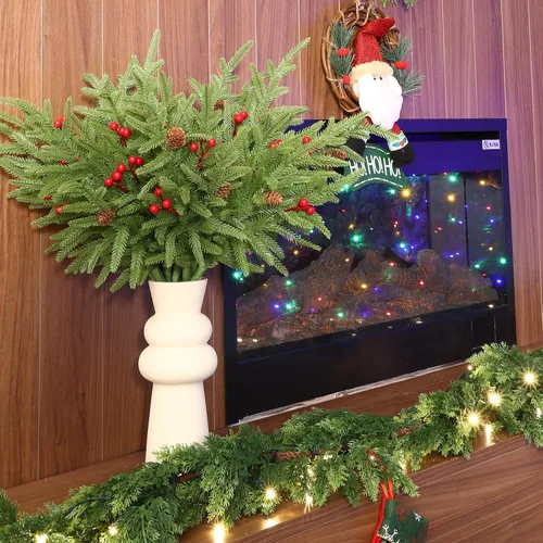 Vista 5 de 24 piezas de tallos de pino Norfolk, ramas de pino artificiales de Navidad de 17", tallos de vegetación artificial de imitación, tallos de cedro